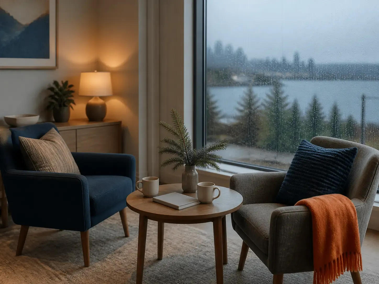 Two comfortable chairs beside a rain-lit window, prepared for a quiet conversation