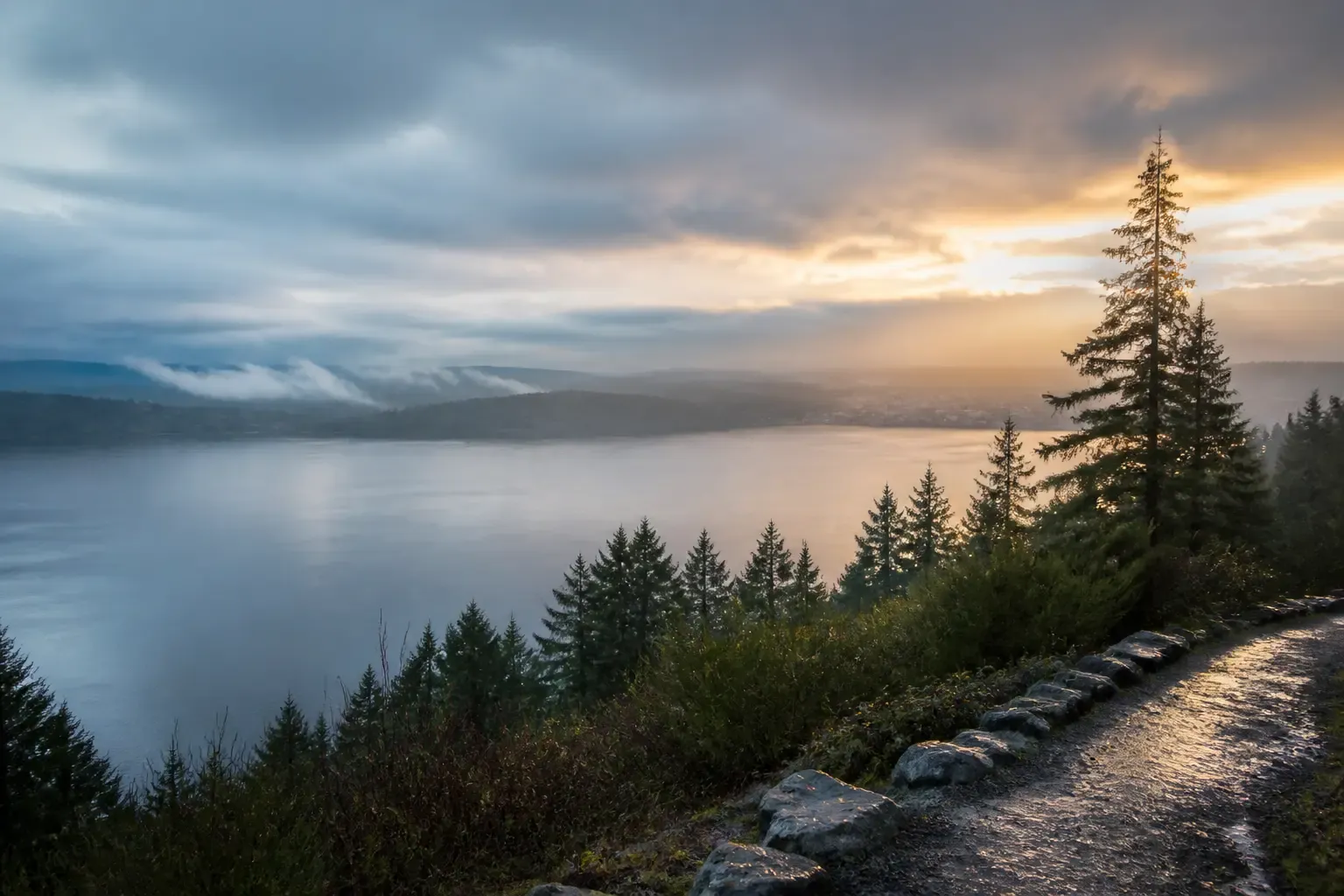 Morning light over a misty Pacific Northwest lake framed by evergreen trees